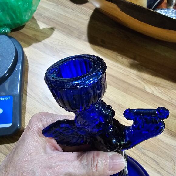 Vintage Cobalt Blue Glass Angel Candlestick Holders Musical Angel Harp Figurines - Picture 8 of 9